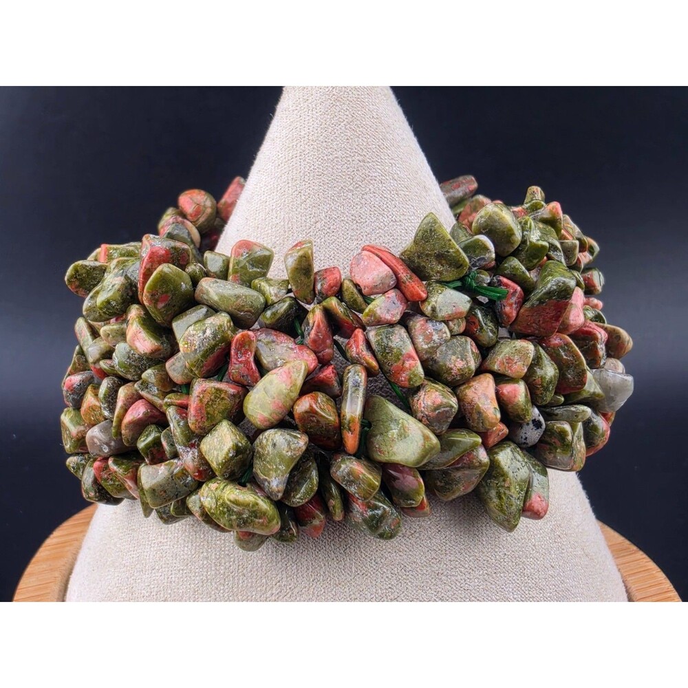 Chunky 1.25" Wide Green Orange Unakite Stone Chip Stretch Bracelet 7"